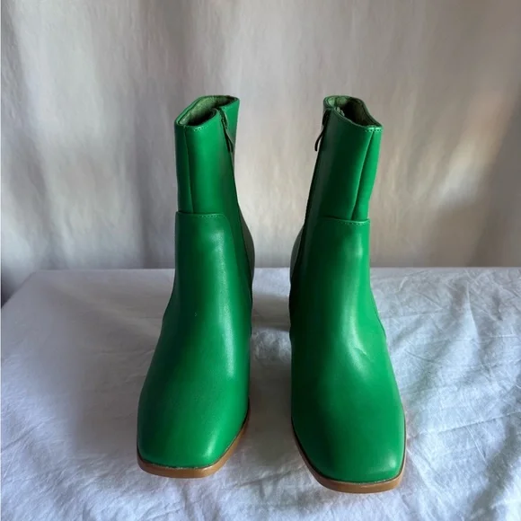 Faux Leather Square Toe Side Zip Block Heel Ankle Boots Green - Picture 2 of 5